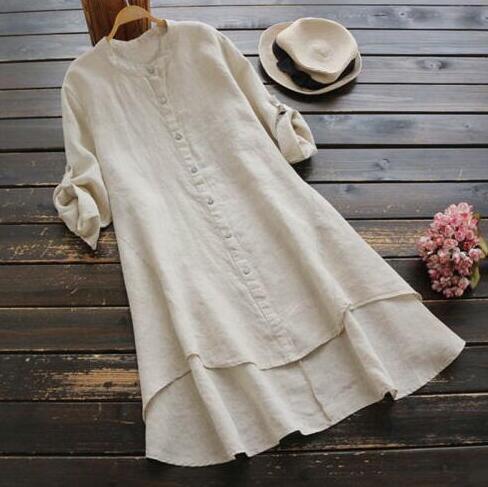 Summer Women'S Solid Button Cotton Linen Long Sleeve Long Shirt Dress