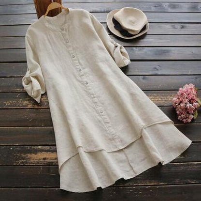 Summer Women'S Solid Button Cotton Linen Long Sleeve Long Shirt Dress