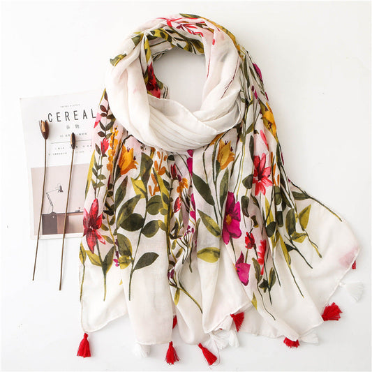 Retro Flowers Cotton And Linen Tassel Scarf, Silk Scarf Shawl, Women'S National Wind Beach