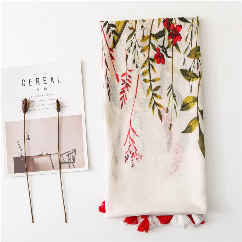 Retro Flowers Cotton And Linen Tassel Scarf, Silk Scarf Shawl, Women'S National Wind Beach