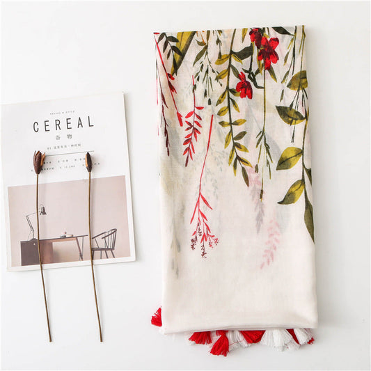 Retro Flowers Cotton And Linen Tassel Scarf, Silk Scarf Shawl, Women'S National Wind Beach