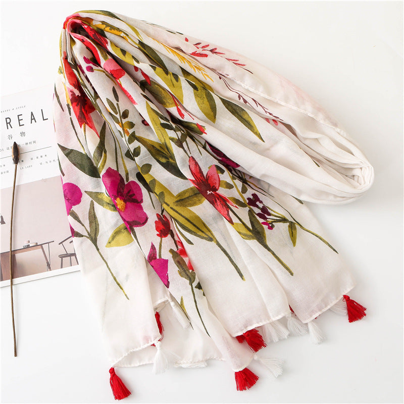 Retro Flowers Cotton And Linen Tassel Scarf, Silk Scarf Shawl, Women'S National Wind Beach
