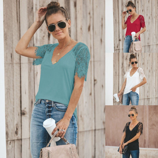 Sexy V-Neck Lace Stitch Short-Sleeved T-Shirt Top