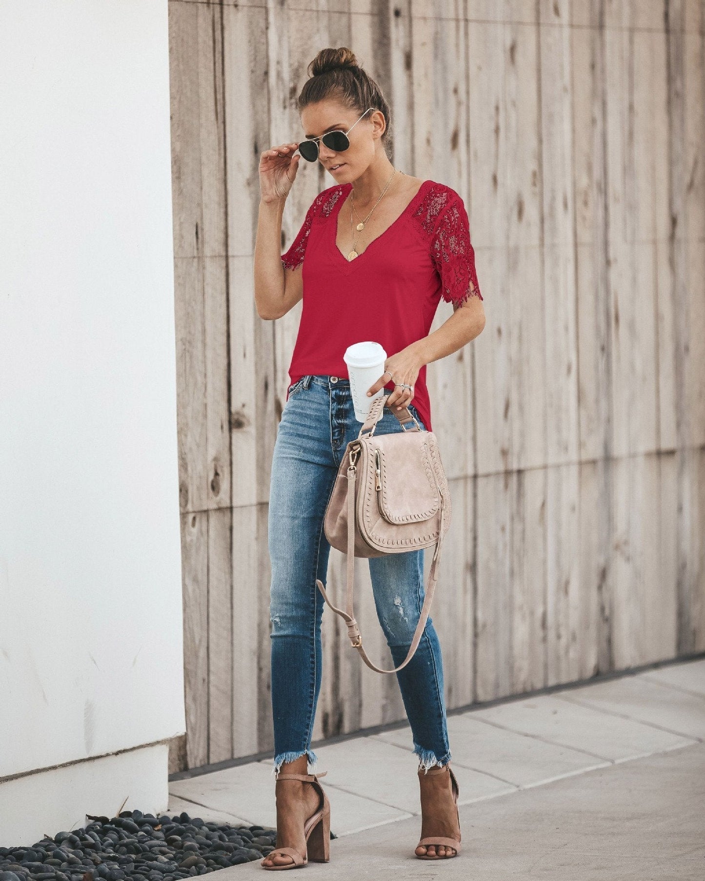 Sexy V-Neck Lace Stitch Short-Sleeved T-Shirt Top