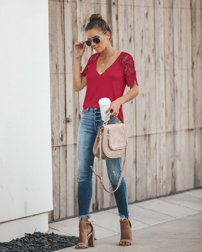 Sexy V-Neck Lace Stitch Short-Sleeved T-Shirt Top