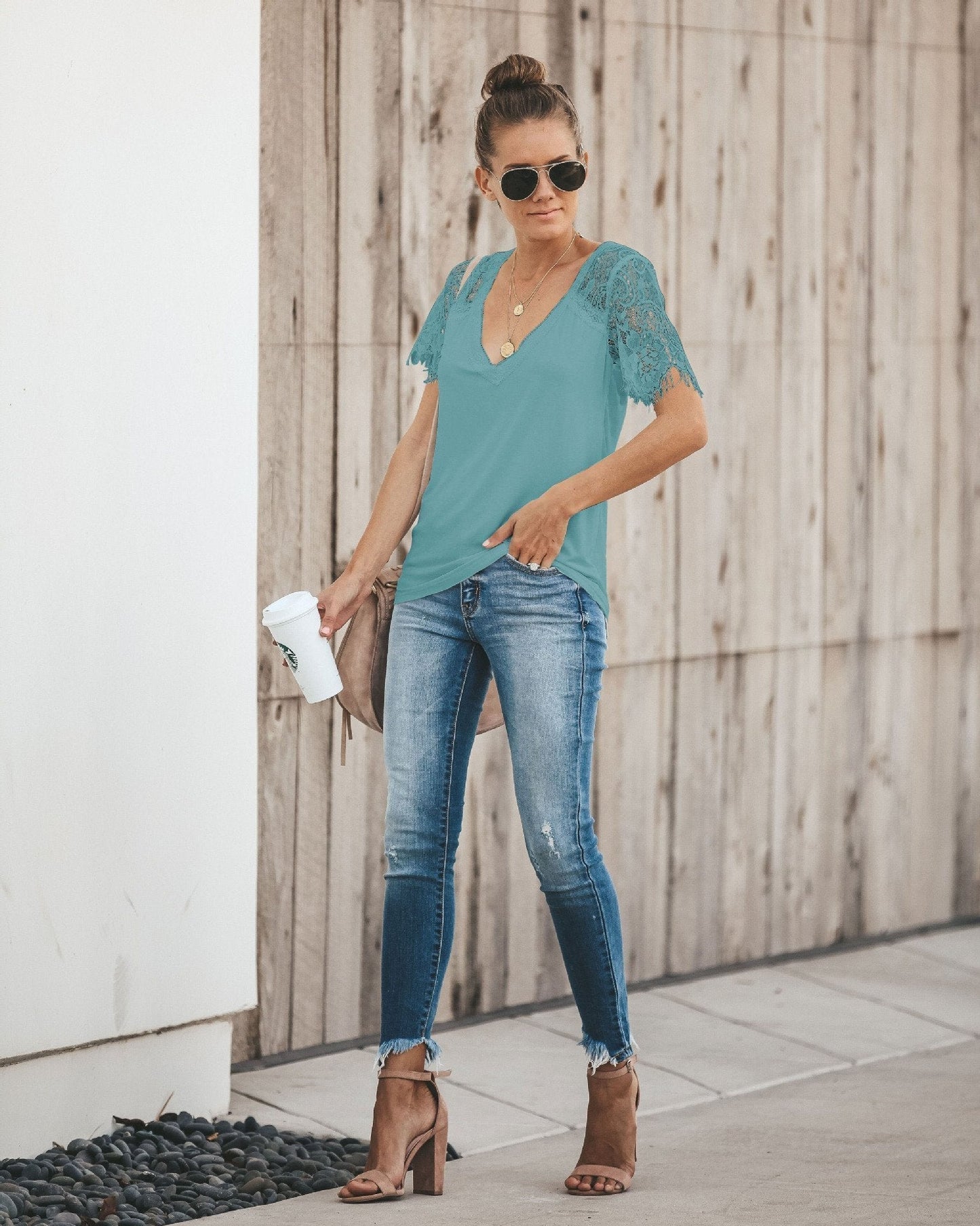 Sexy V-Neck Lace Stitch Short-Sleeved T-Shirt Top