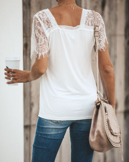 Sexy V-Neck Lace Stitch Short-Sleeved T-Shirt Top