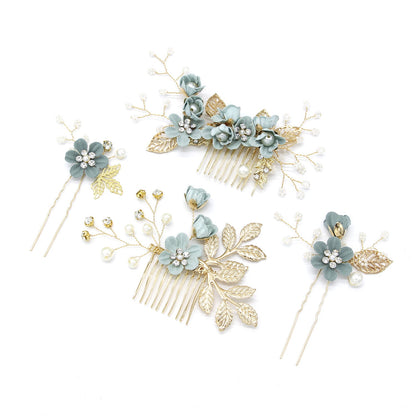 Bridal Flower Hair Comb Accessories in Light Blue and Pink