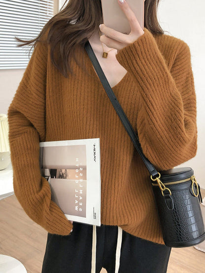 Simple Long Sleeves Loose Solid Color V-Neck Sweater Tops