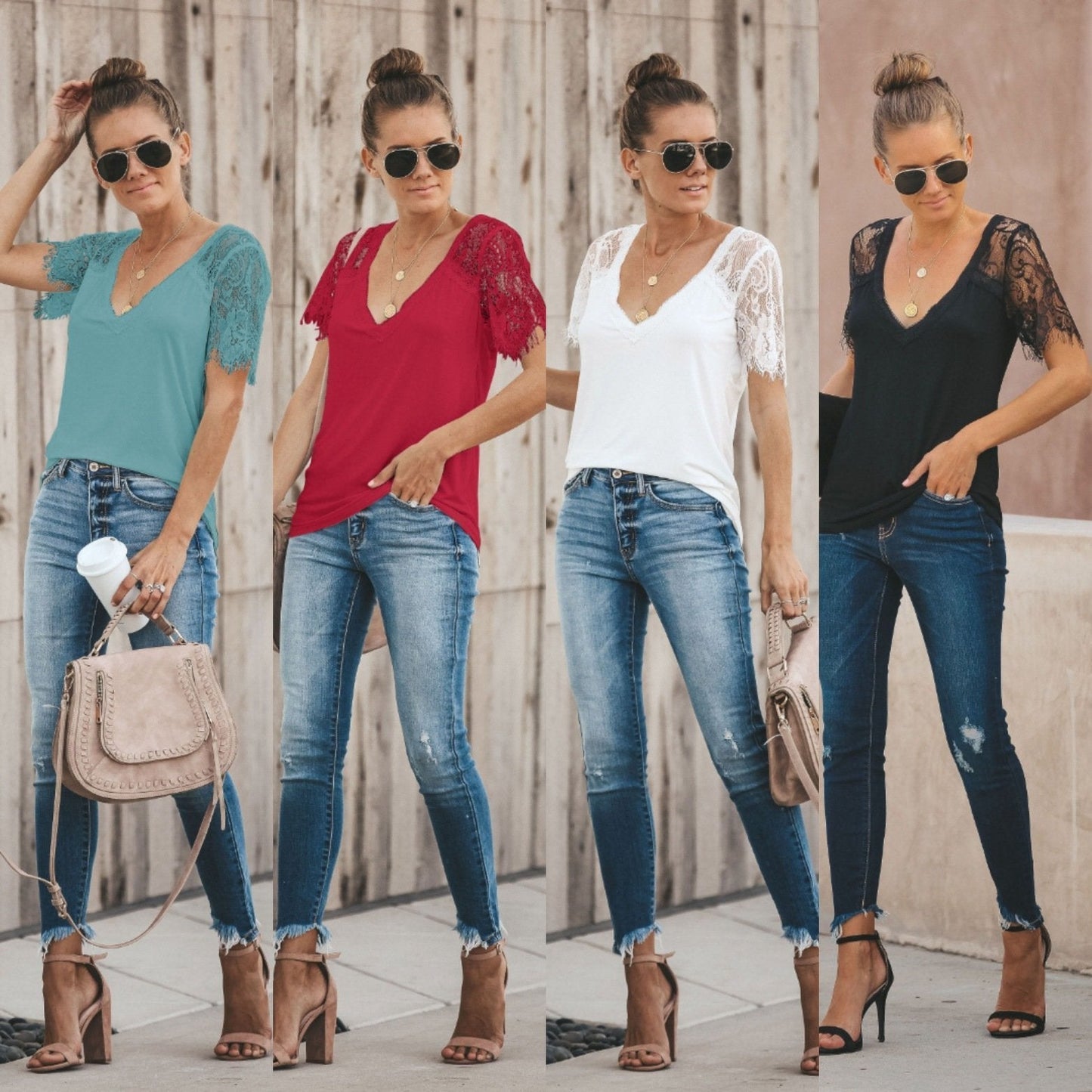 Sexy V-Neck Lace Stitch Short-Sleeved T-Shirt Top