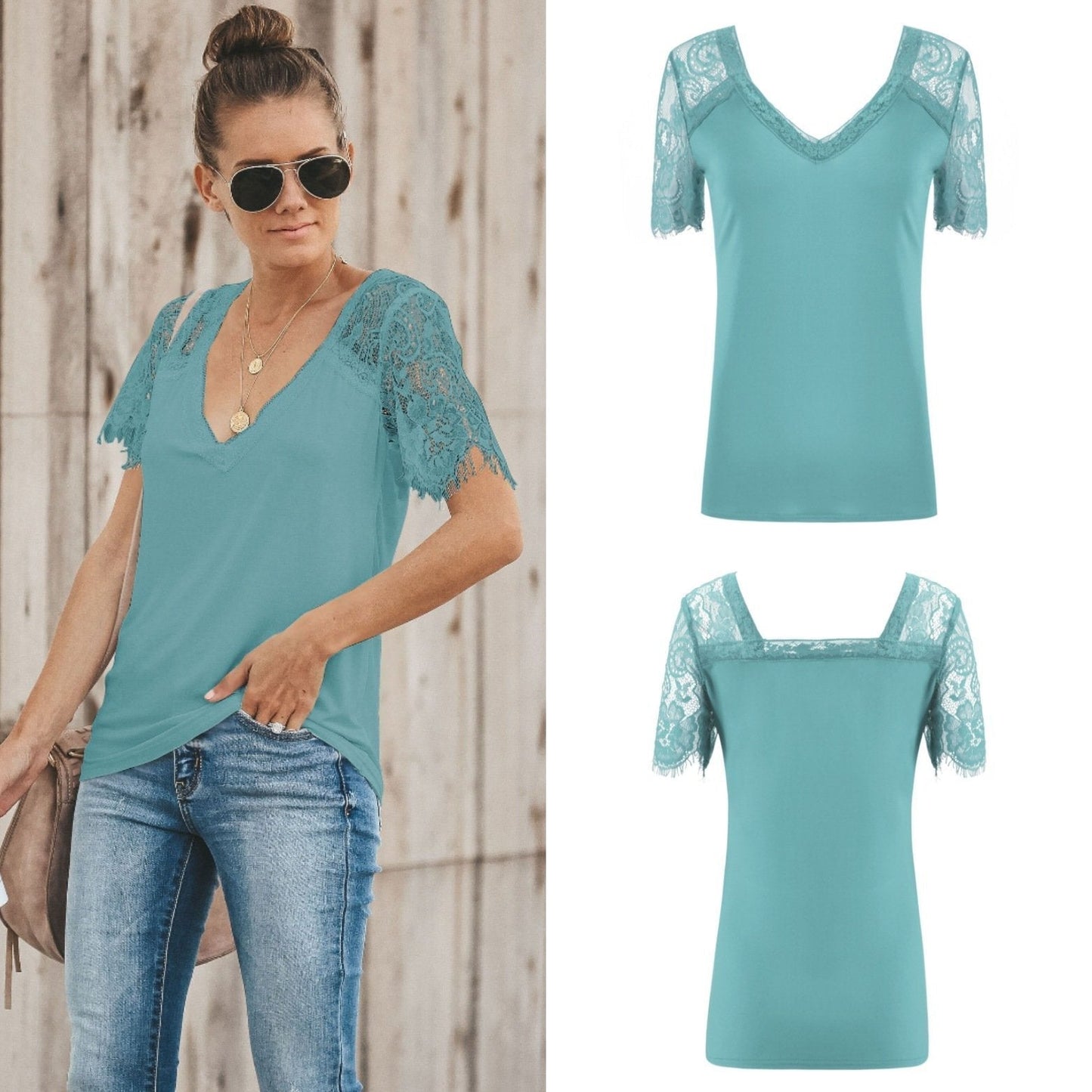 Sexy V-Neck Lace Stitch Short-Sleeved T-Shirt Top