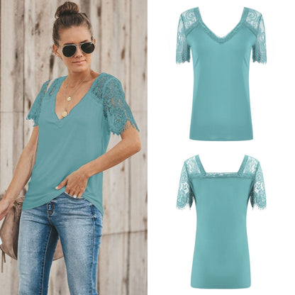 Sexy V-Neck Lace Stitch Short-Sleeved T-Shirt Top