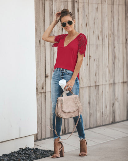 Sexy V-Neck Lace Stitch Short-Sleeved T-Shirt Top