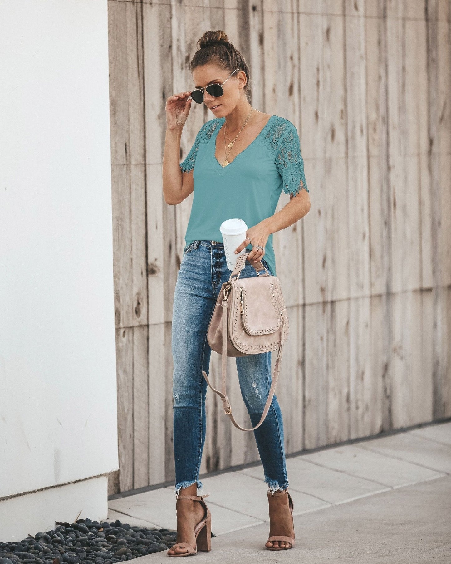 Sexy V-Neck Lace Stitch Short-Sleeved T-Shirt Top