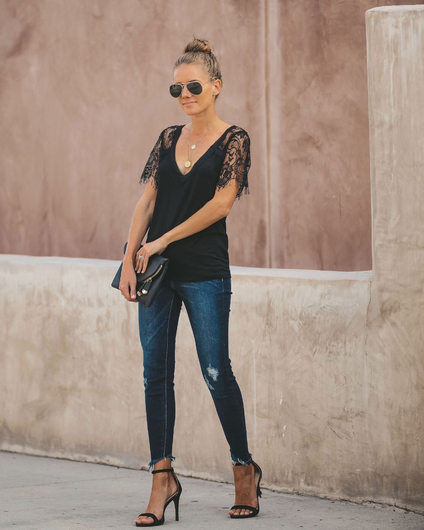 Sexy V-Neck Lace Stitch Short-Sleeved T-Shirt Top
