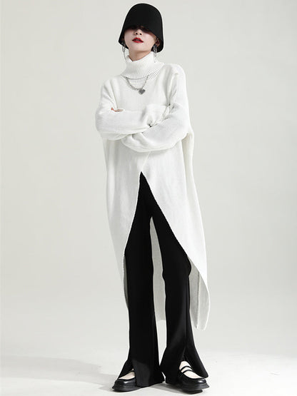 Original High-Low Asymmetric Knitting Dress High-Neck Sweater Dress