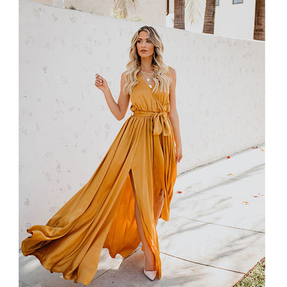Bohemian Solid V-Neck Sleeveless High Slit Maxi Dress