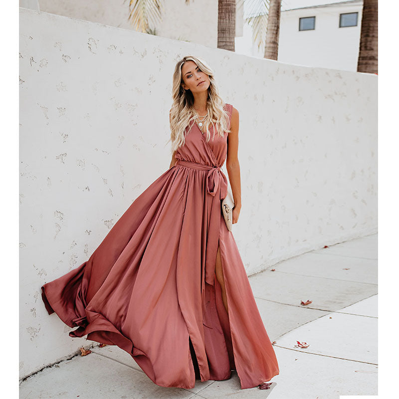 Bohemian Solid V-Neck Sleeveless High Slit Maxi Dress