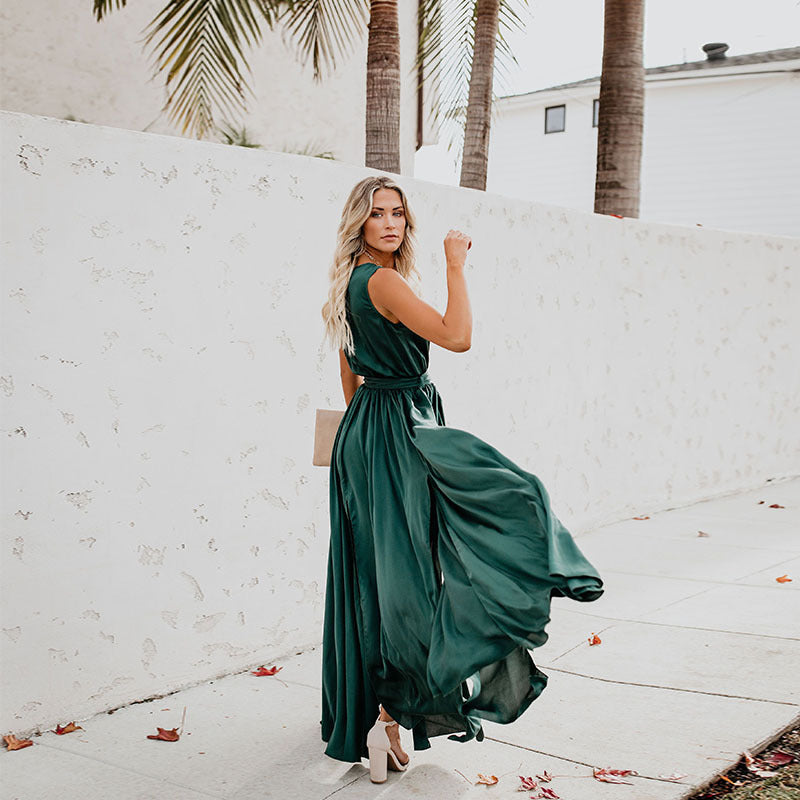 Bohemian Solid V-Neck Sleeveless High Slit Maxi Dress