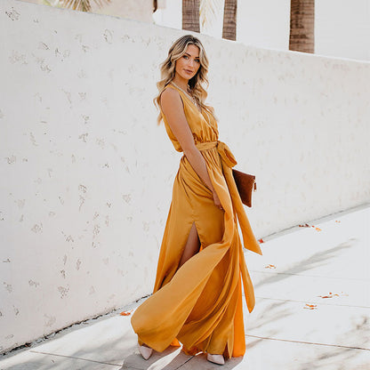 Bohemian Solid V-Neck Sleeveless High Slit Maxi Dress