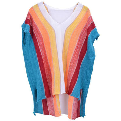 Rainbow Strips Loose Knitting Hollow Beach Blouses Bikinis