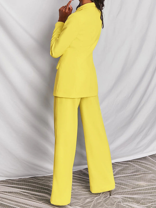 Long Sleeves Wrap Solid Color Deep V-Neck Cardigan&Pants Suits
