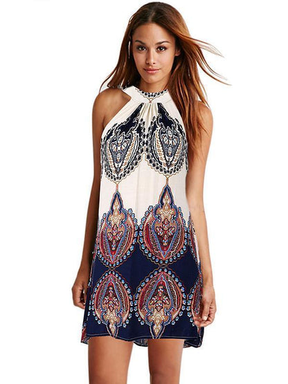 Pretty Fashion Floral-Print Chiffon Sleeveless Lace-Up Cross Neck Mini Dress