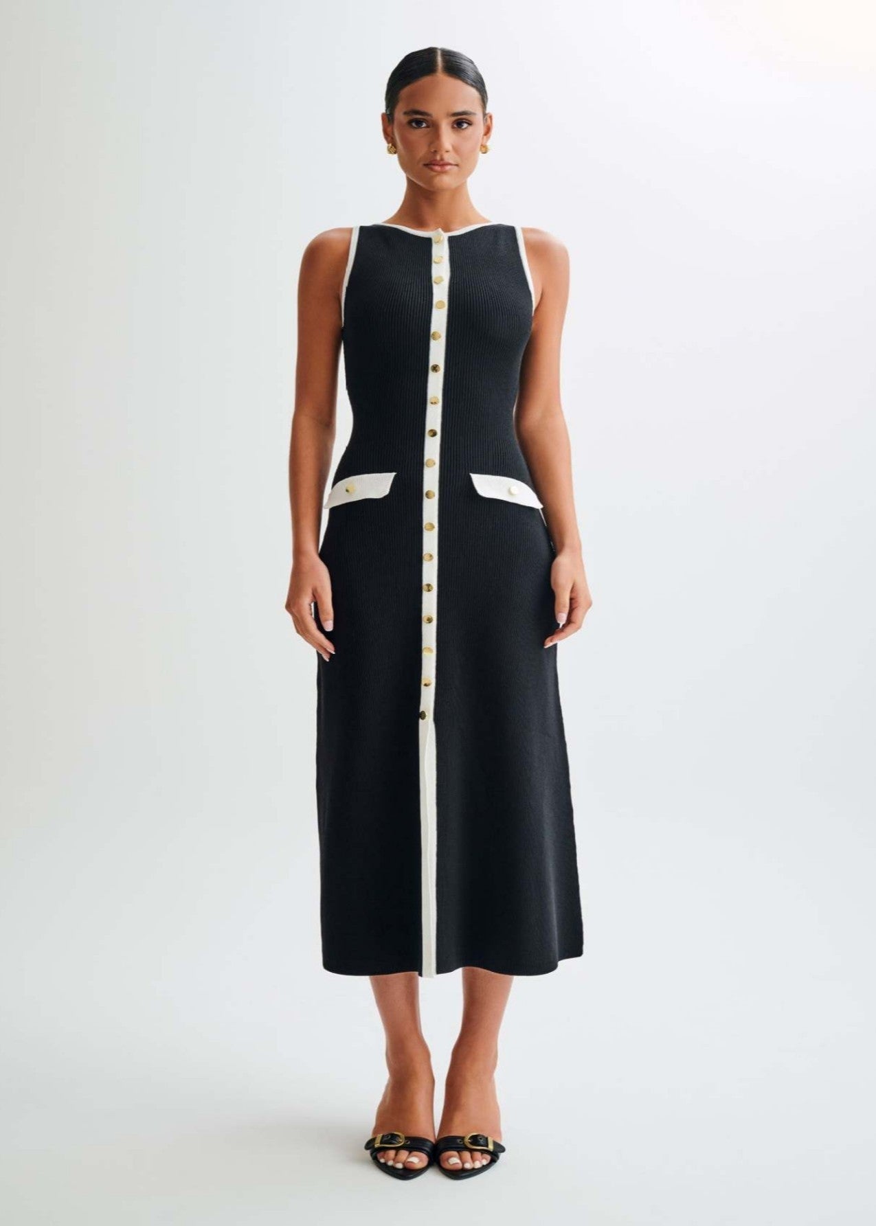 Contrast Trim Ribbed Knit Midi Dress