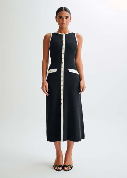 Contrast Trim Ribbed Knit Midi Dress