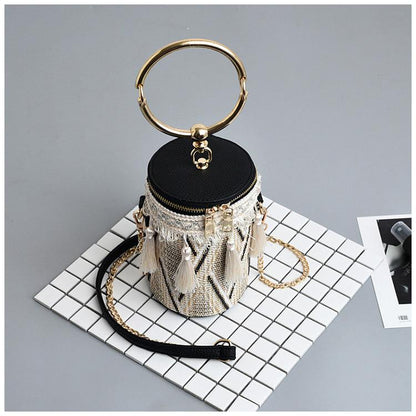 Fringe Barrel Chain Crossbody Woven Bag