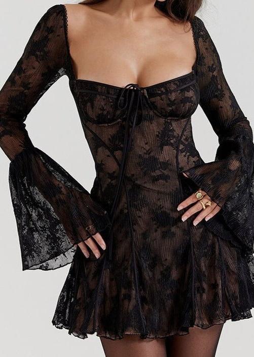 Self Tie Lace Dress Long Sleeve Vibrant Red
