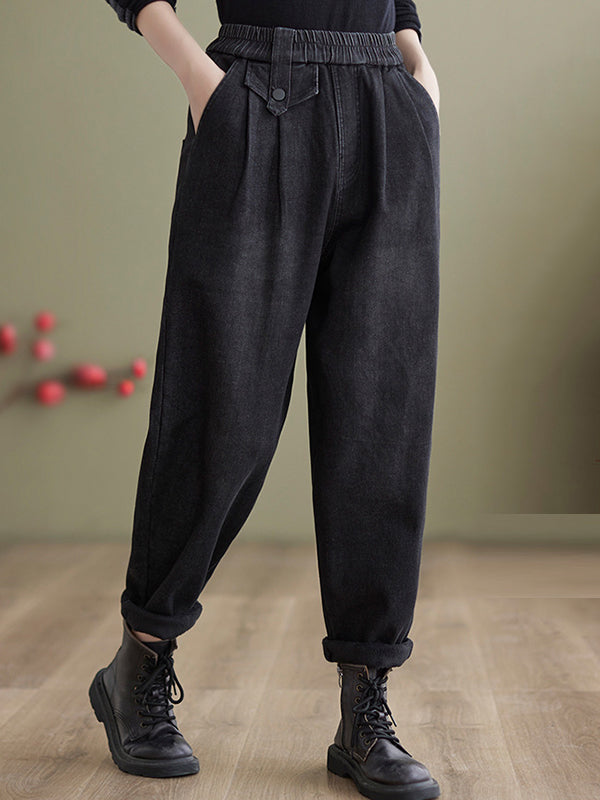 Casual Loose Velvet Elasticity Solid Color Harem Jean Pants Bottoms