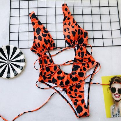 Leopard Openwork Strap One-Piece Swimsuit One-Piece Bikini