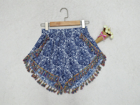 Bohemian Lace Tassel Blue And White Porcelain Print Shorts Summer Beach Hot Pants