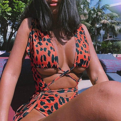 Leopard Openwork Strap One-Piece Swimsuit One-Piece Bikini