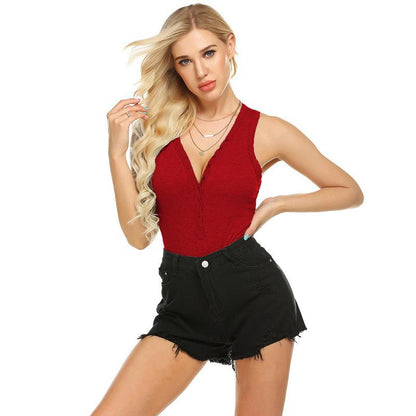 Solid Color Spring Jumpsuit Women'S One Piece Swimwear Solid-Color V-Neck Vest Jumpsuit Women