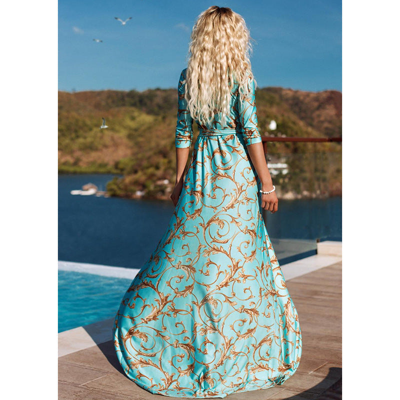 Women'S Print Slim Dress Mid-Sleeved V-Neck Maxi Skirt
