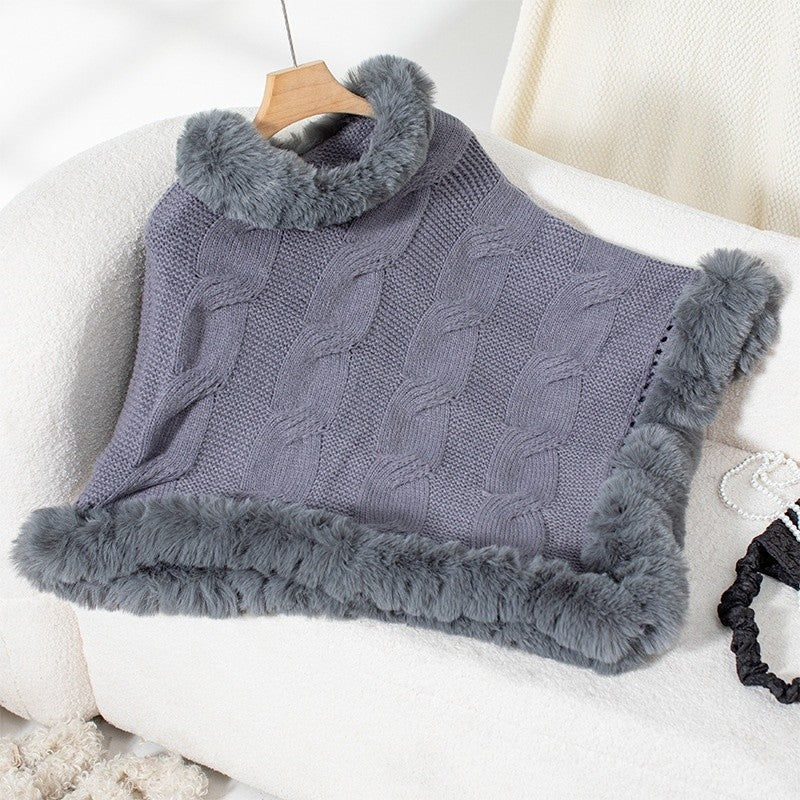Fur Collar Cable Knit Sweater Cape