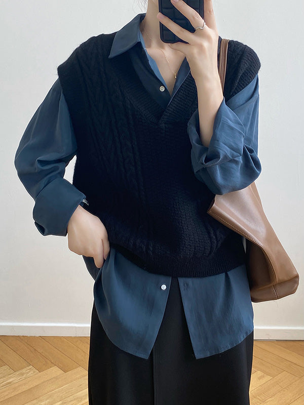 Casual Loose Sleeveless Jacquard Solid Color V-Neck Sweater Vest Outerwear