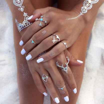 7Pcs Bohemian Christmas Elk Deer Geometric Turquoise Knuckle Unique Xmas Rings