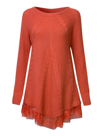 Women Long Sleeve Lace Stitching Pure Color Knitted Sweaters