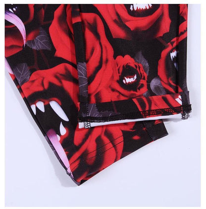 Women'S Dark Gothic Rose Print Knee Cutout Leggings Pants