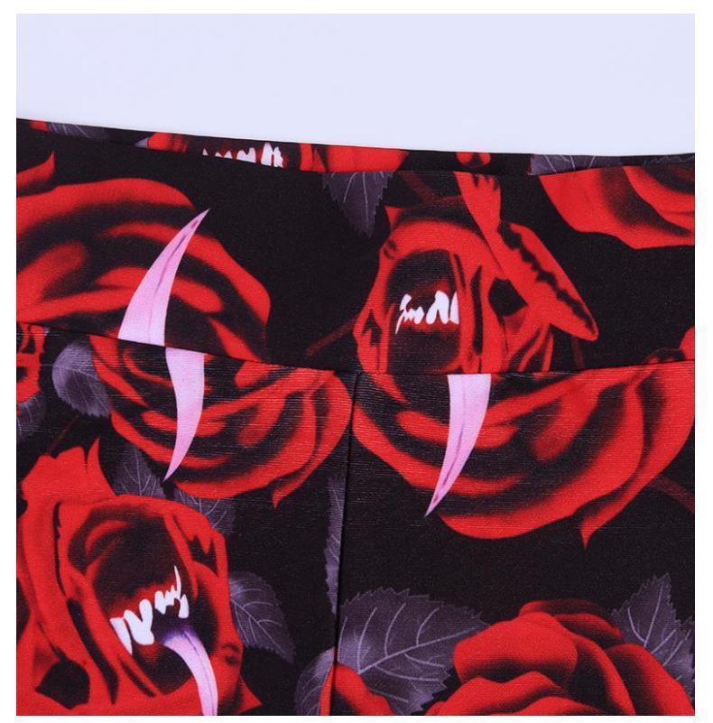 Women'S Dark Gothic Rose Print Knee Cutout Leggings Pants