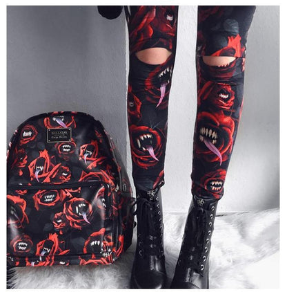 Women'S Dark Gothic Rose Print Knee Cutout Leggings Pants