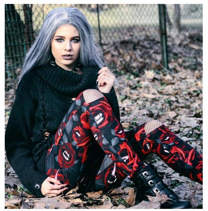 Women'S Dark Gothic Rose Print Knee Cutout Leggings Pants