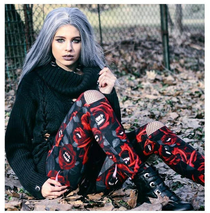 Women'S Dark Gothic Rose Print Knee Cutout Leggings Pants