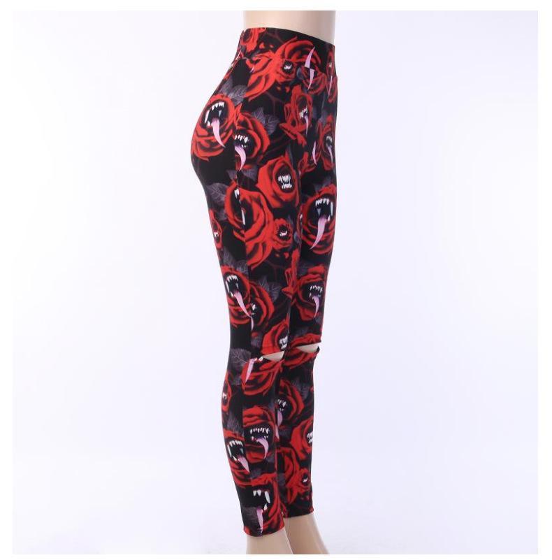 Women'S Dark Gothic Rose Print Knee Cutout Leggings Pants