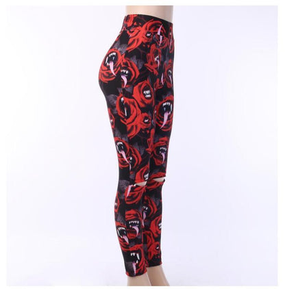 Women'S Dark Gothic Rose Print Knee Cutout Leggings Pants