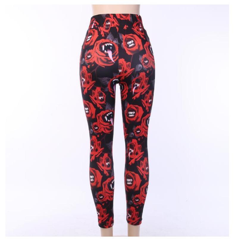 Women'S Dark Gothic Rose Print Knee Cutout Leggings Pants