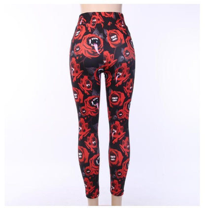 Women'S Dark Gothic Rose Print Knee Cutout Leggings Pants